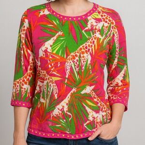 BELLEPOINTE Women's Giraffe Tropical Print 3/4 Sleeve Sweater Top M